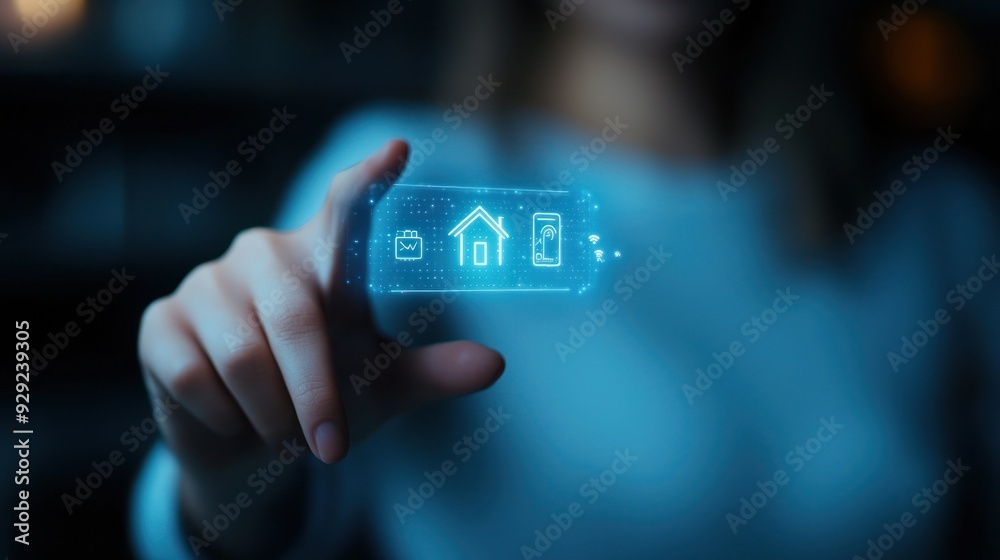 A person interacting with a digital home interface, showcasing smart technology and modern innovation in lifestyle. A person interacting with a digital home interface, showcasing smart technology and modern innovation in lifestyle.