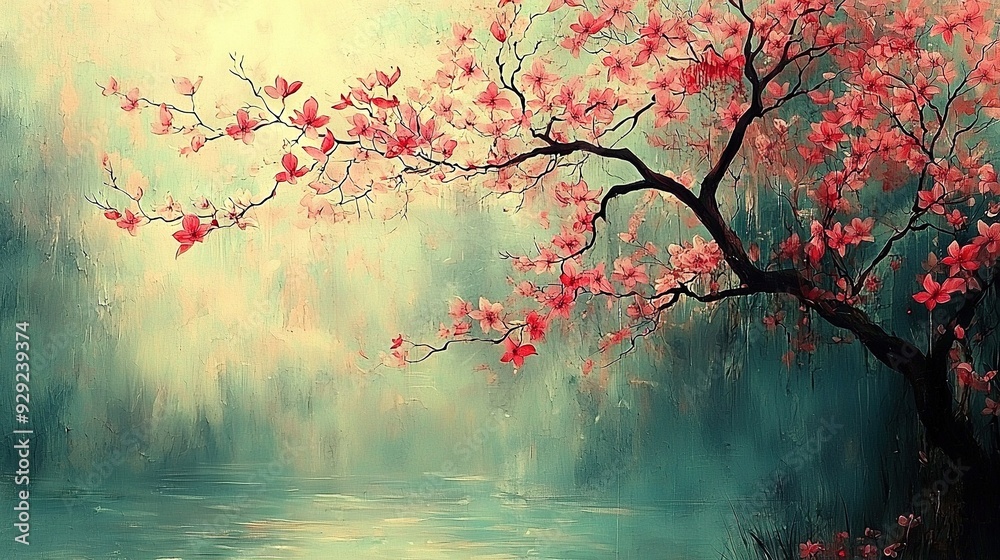 Tree with Pink Flowers and Water Background Painting Tree with Pink Flowers and Water Background Painting