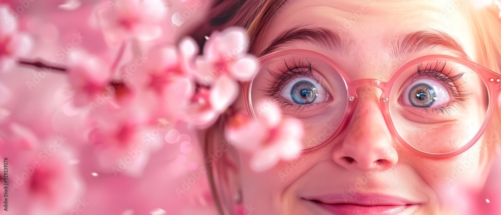 A tight shot of someone donning glasses, cherry blossoms framing each side of their face against a backdrop of soft pink A tight shot of someone donning glasses, cherry blossoms framing each side of their face against a backdrop of soft pink