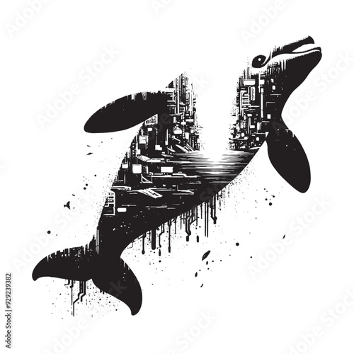 silhouette of Beluga filled with destroyed futuristic dystopia environment in rough drawing