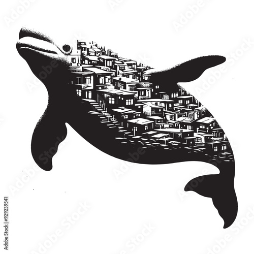silhouette of Beluga filled with ghetto street in rough drawing