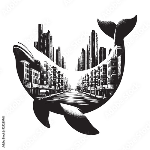 silhouette of Beluga filled with ghetto street in rough drawing