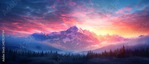  A painting of a mountain range with trees in the foreground and a pink and blue sunset sky in the background