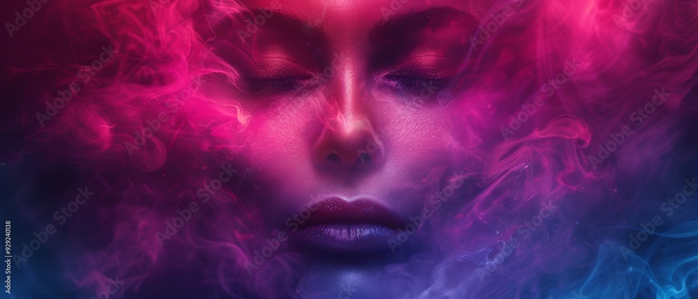 A woman's face, eyes closed, enveloped in pink and blue smoke A woman's face, eyes closed, enveloped in pink and blue smoke