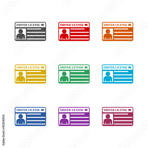 Driver license card icon isolated on white background. Set icons colorful