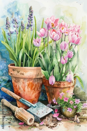 Fototapeta Naklejka Na Ścianę i Meble -  Spring Gardening: Watercolor Flowers and Tools for Planting in Green Garden