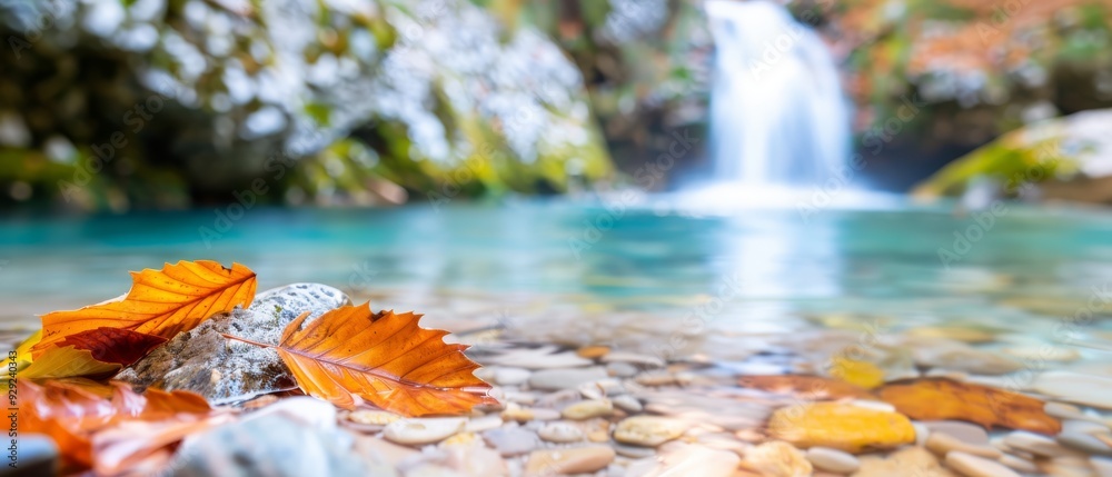 A leaf atop a rock by a body of water, with a waterfall as its backdrop A leaf atop a rock by a body of water, with a waterfall as its backdrop
