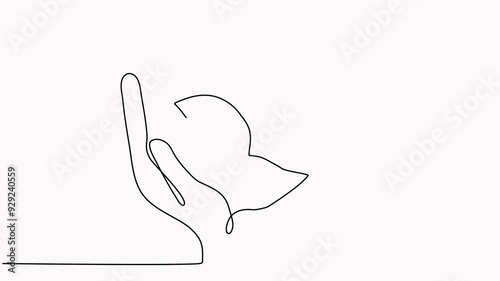 Hands holding leaves branch continuous line drawing animated video. Plant in human arm one line art.