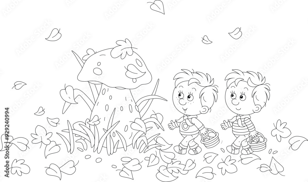 Funny little boys mushroomers with baskets found a very large edible mushroom among grass and fallen leaves in an autumn forest glade, black and white vector cartoon illustration for a coloring book Funny little boys mushroomers with baskets found a very large edible mushroom among grass and fallen leaves in an autumn forest glade, black and white vector cartoon illustration for a coloring book