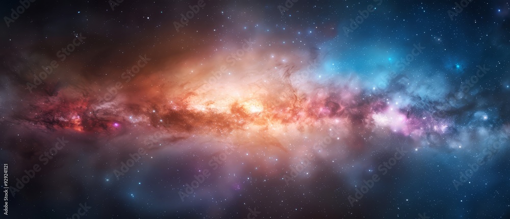 Naklejka premium The image features a vacant area filled with numerous stars, encircled by a brilliant red and blue star in its core