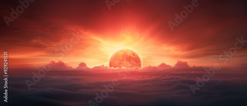  A sunrise image featuring the sun positioned centrally, above cloud-filled sky