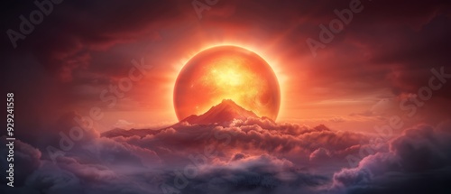  A image of a mountain situated in a cloud-filled sky, with the sun positioned at its center