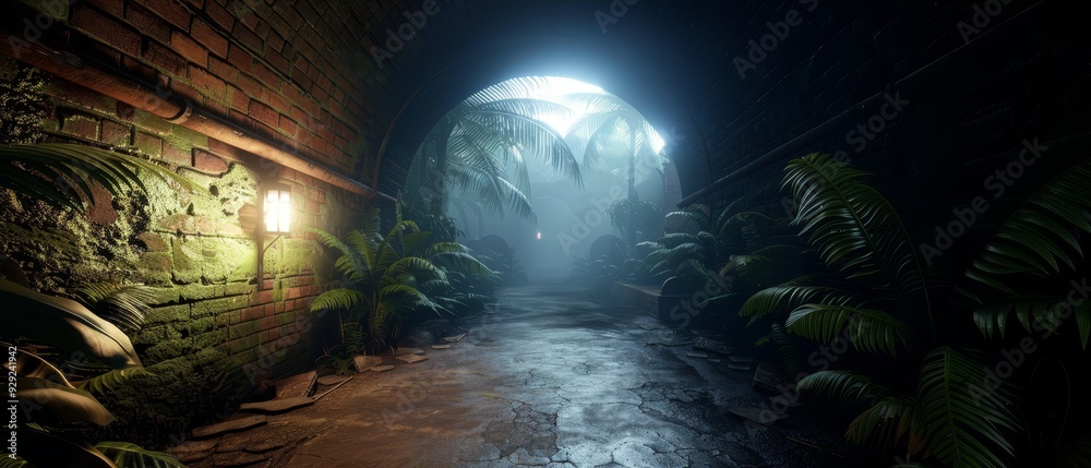 Fototapeta premium A dark tunnel illuminated by a light at its end, lined with lush greenery on both sides