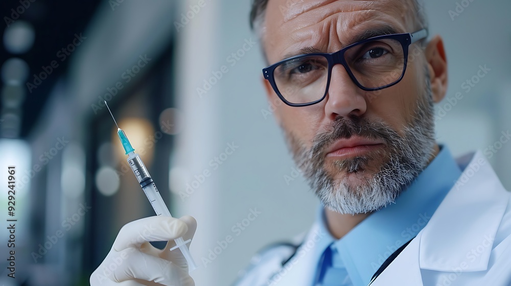 Close up of male doctor holding syringe with injection Close up of male doctor holding syringe with injection