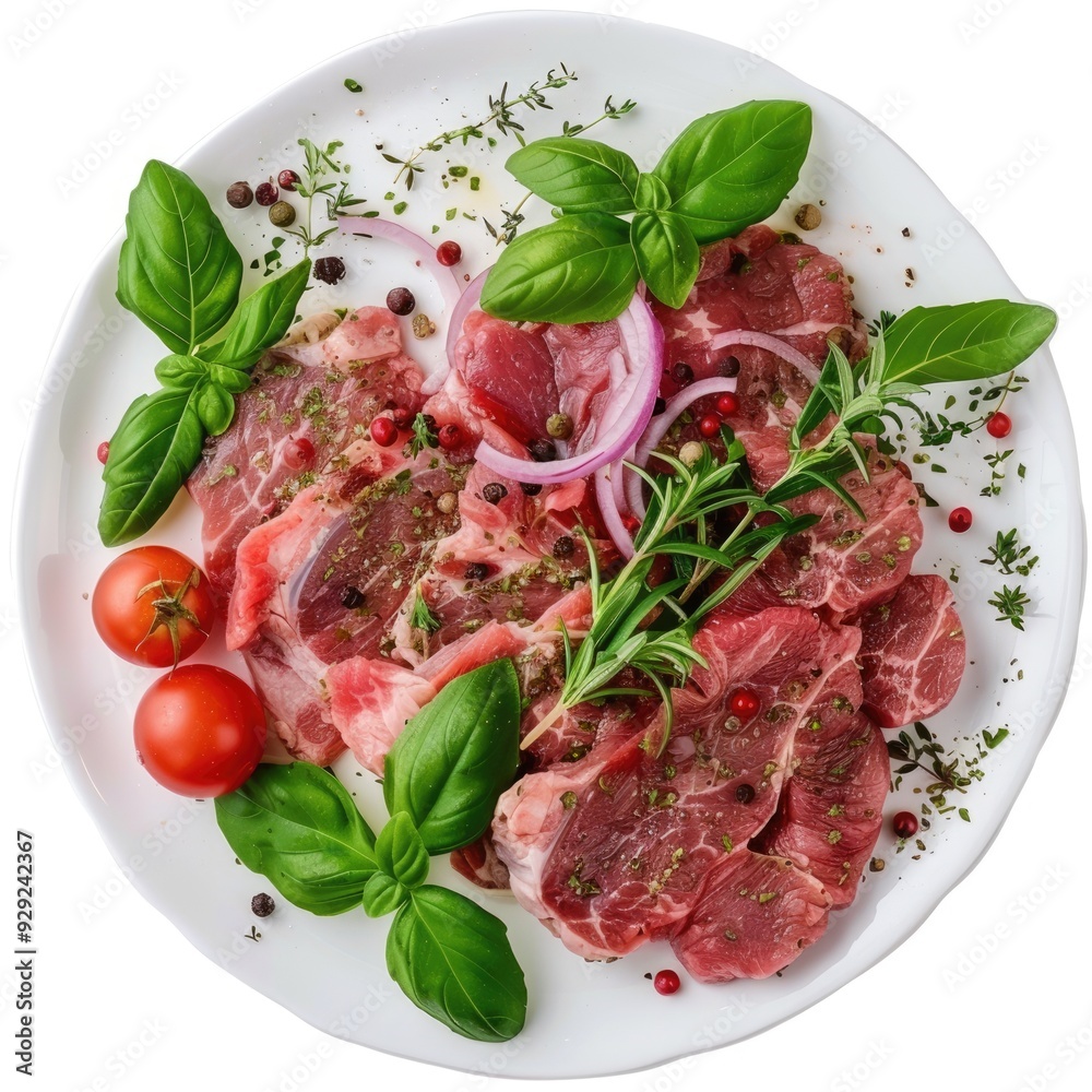 Succulent Lamb. A Fresh Lamb Steak with Aromatic Herbs on a Platter Succulent Lamb. A Fresh Lamb Steak with Aromatic Herbs on a Platter
