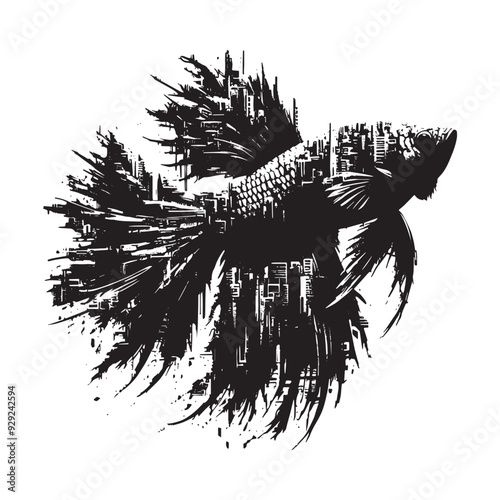 silhouette of Betta Fish filled with destroyed futuristic dystopia environment in rough drawing