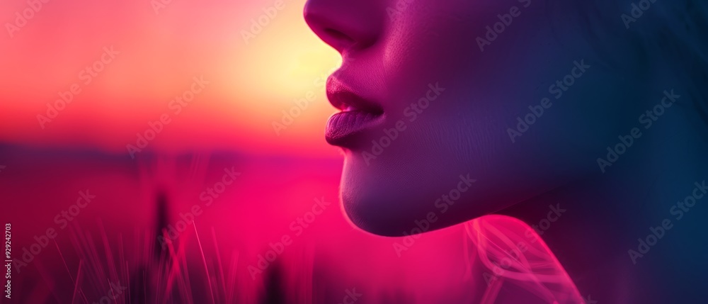 A woman's face, tightly framed, as the sun sinks behind her, with a field of grass in sharp focus before her A woman's face, tightly framed, as the sun sinks behind her, with a field of grass in sharp focus before her