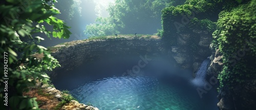  A small waterfall, encompassed by greenery, lies in the heart of a river A stony bridge surrounds it photo