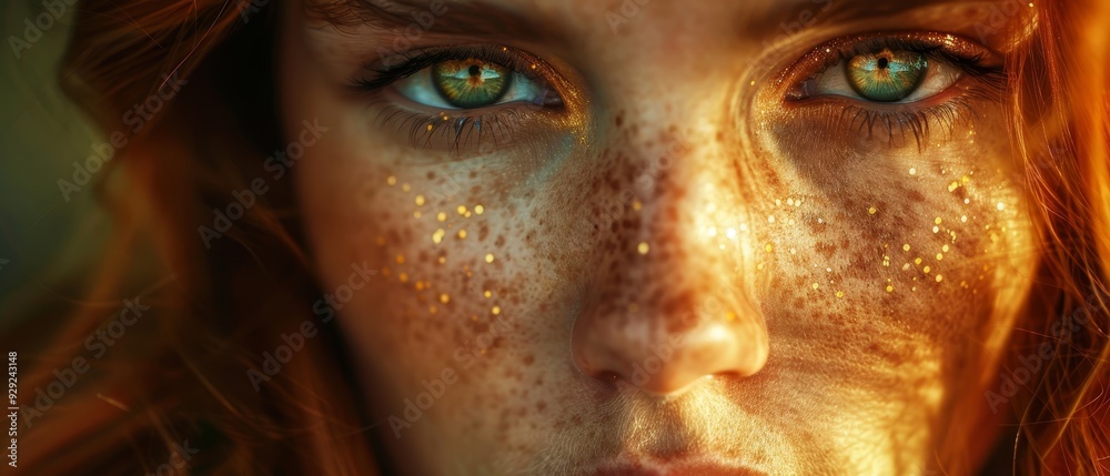 A tight shot of a woman's face, adorned with freckles dotting her cheeks and her eyes A tight shot of a woman's face, adorned with freckles dotting her cheeks and her eyes