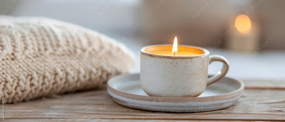 A white cup atop a wooden table, nearby lies a white plate holding a lit candle A white cup atop a wooden table, nearby lies a white plate holding a lit candle