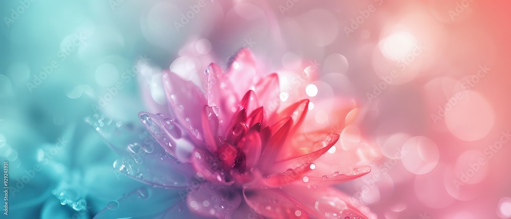 Obraz premium Close-up of a pink flower with dewdrops, blurred backdrop in shades of blue, pink, and green