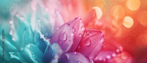  A tight shot of a flower with dew drops glistening on its petals against a multicolored backdrop