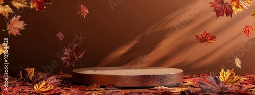 3D rendering of an Orange Autumn Product Display podium with autumn leaf abscission for a product mockup.