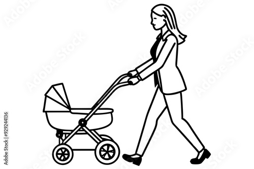 Woman with baby stroller art vector illustration