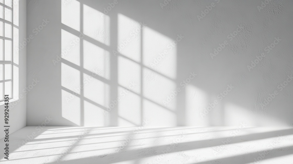 A minimalist interior space with shadows cast by windows. A minimalist interior space with shadows cast by windows.