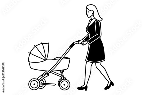 Woman with baby stroller art vector illustration