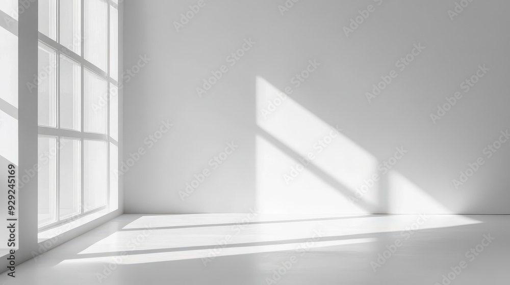A minimalist interior with large windows casting shadows on a bright floor.