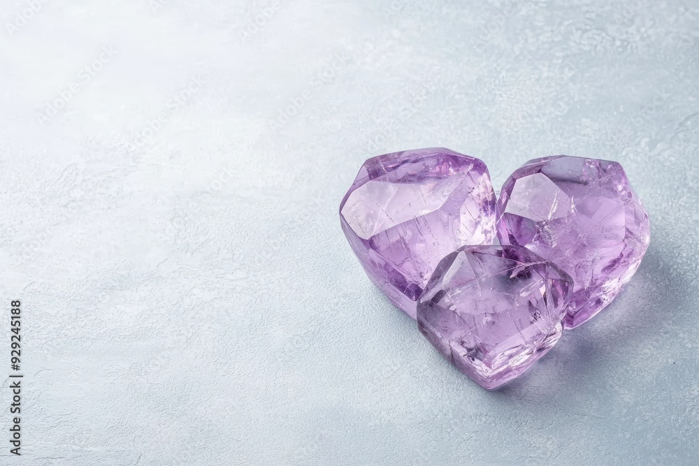 Amethyst crystal heart-shaped gemstones on a light background Amethyst crystal heart-shaped gemstones on a light background