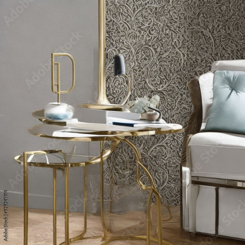 A modern lamp sits atop a table, its shiny metal work carrying the architectural beauty.eps