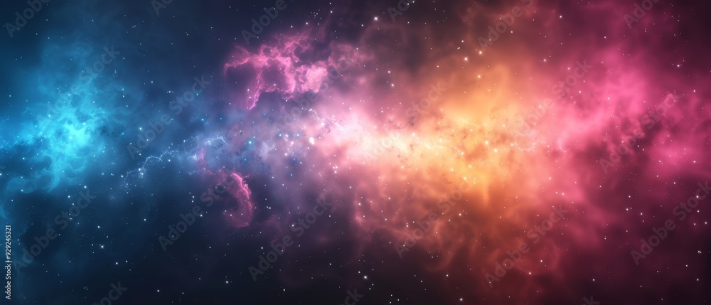 A vibrant cosmos teems with numerous stars; the sky adorned in pink, blue, yellow, and green hues A vibrant cosmos teems with numerous stars; the sky adorned in pink, blue, yellow, and green hues