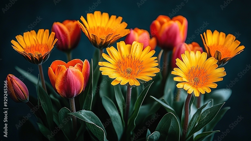 A vase filled with orange and yellow flowers with green foliage sits atop a wooden table against a dark backdrop A vase filled with orange and yellow flowers with green foliage sits atop a wooden table against a dark backdrop