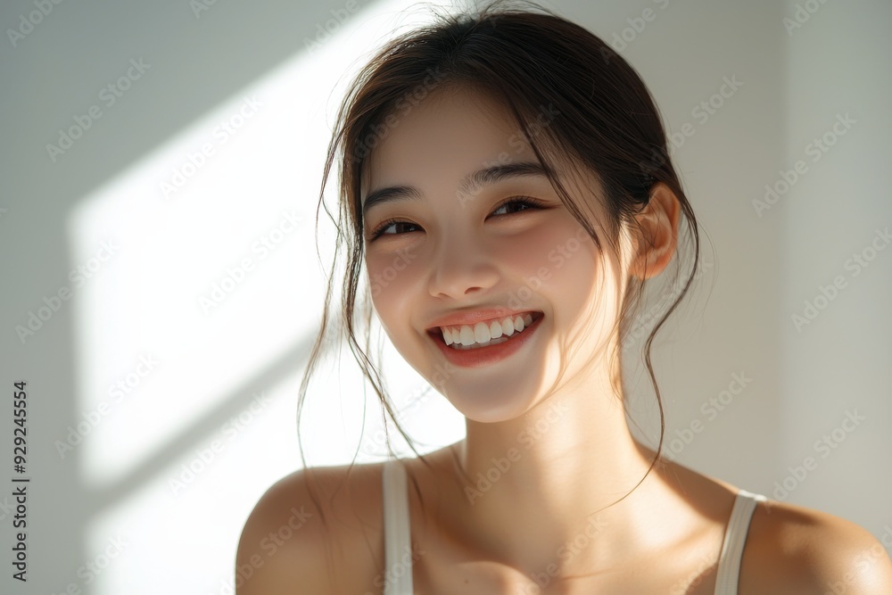 Beautiful young Asian woman smiling and happy created with Generative AI Beautiful young Asian woman smiling and happy created with Generative AI
