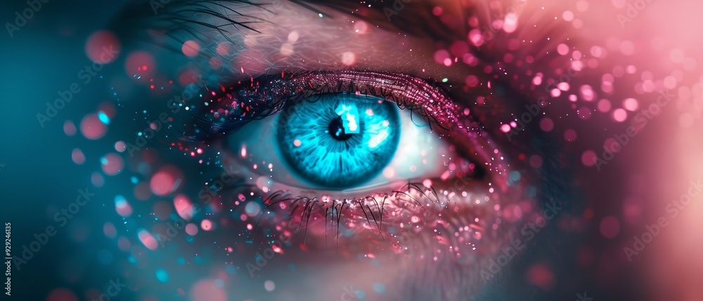 A tight shot of a blue eye adorned with pink and blue sparkles at its rim A tight shot of a blue eye adorned with pink and blue sparkles at its rim