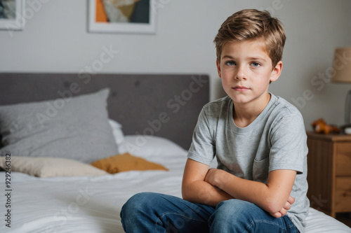 Thoughtful boy sitting on bed at home