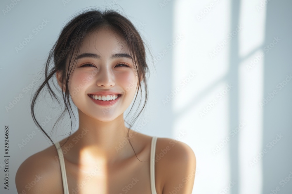 Beautiful young Asian woman smiling and happy created with Generative AI Beautiful young Asian woman smiling and happy created with Generative AI