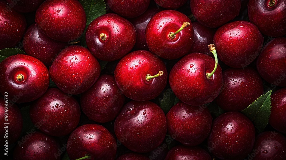 A cherry pile with green foliage and a wet cherry A cherry pile with green foliage and a wet cherry
