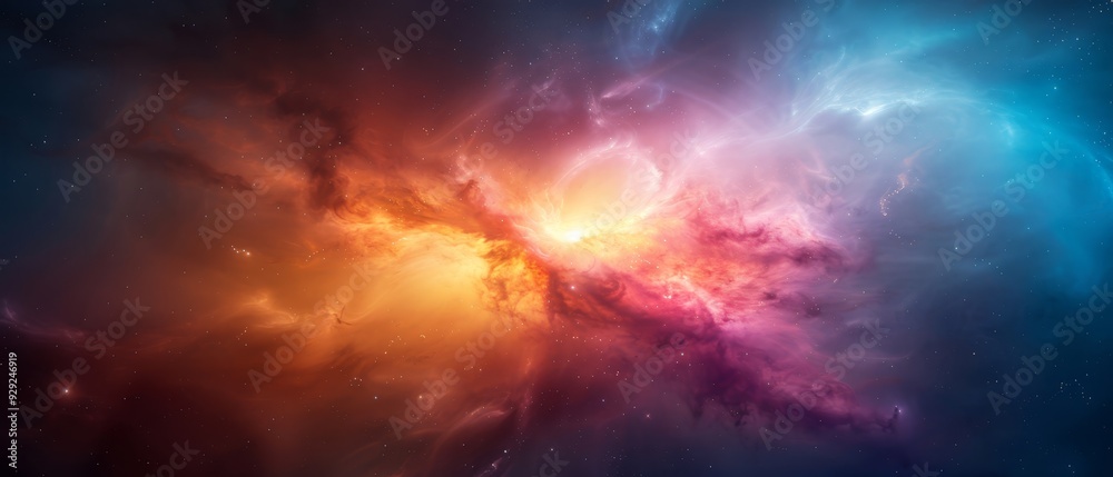 A vibrant space image features a radiant center emitting copious amounts of light A vibrant space image features a radiant center emitting copious amounts of light