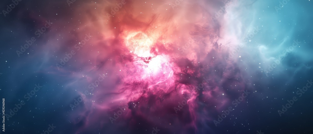 A space image featuring stars with a prominent pink-blue star at its core A space image featuring stars with a prominent pink-blue star at its core