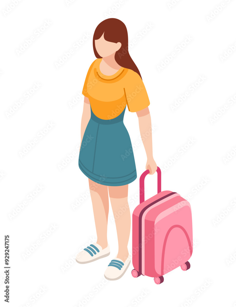 Woman with pink suitcase ready for travel. Isometric style person with luggage. Vector illustration isolated on white background Woman with pink suitcase ready for travel. Isometric style person with luggage. Vector illustration isolated on white background
