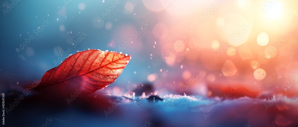  A red leaf, tightly framed, against a blue background Backdrop softly blurred Light source faintly hazy in rear
