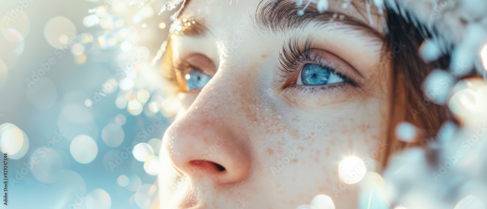 Fototapeta premium A tight shot of a woman's face with blue eyes and dusting of freckles above her brows
