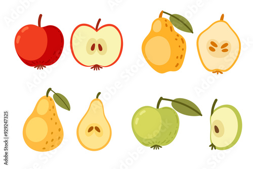 Assorted sliced fruits with apples and pears. Simple fresh vitamin food. Healthy products. Vector illustration isolated on white background