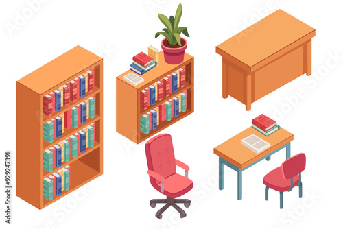 Set of isometric office or school furniture with desk, bookshelves and chairs. Vector illustration isolated on white background