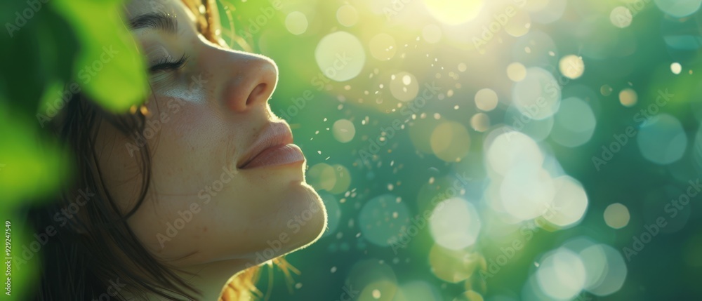 Fototapeta premium A woman's face, tightly framed, features a green leaf in the foreground Sunlight bathes her visage from behind