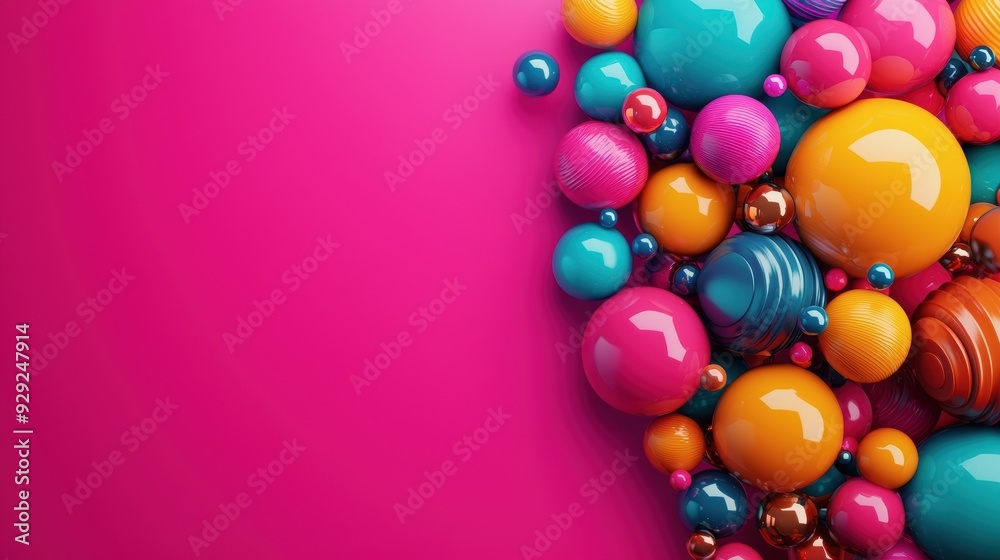 Cluster of glossy 3D colorful spheres arranged on a pink background, featuring vibrant colors and reflective surfaces in an abstract, playful design. Cluster of glossy 3D colorful spheres arranged on a pink background, featuring vibrant colors and reflective surfaces in an abstract, playful design.