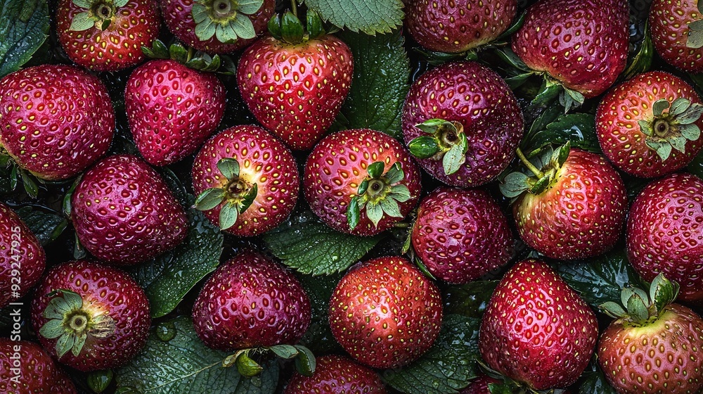 A close-up of a strawberry cluster with leaves atop and bottom A close-up of a strawberry cluster with leaves atop and bottom